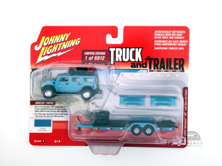 JOHNNY LIGHTNING 2004 Hummer H2 & Open Car Trailer Custom Ocean Blue