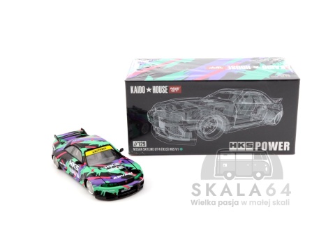 Model samochodu Kaido House 129 Nissan Skyline GT-R R33 HKS V1 w skali 1:64 - pudełko