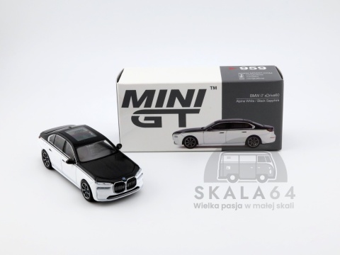 Model samochodu BMW i7 xDrive60 Alpha White / Black Sapphire w skali 1:64 - pudełko