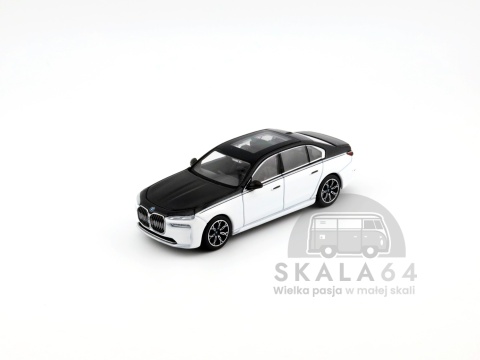 Model samochodu BMW i7 xDrive60 Alpha White / Black Sapphire w skali 1:64 - przód