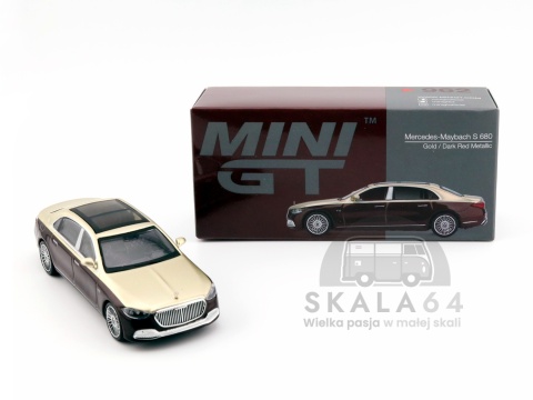 Model samochodu Mercedes-Maybach S680 Gold Dark Red Metallic w skali 1:64 - pudełko