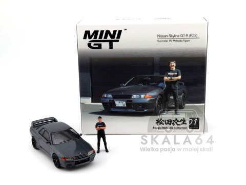 Model samochodu Nissan Skyline GT-R R32 Gunmetal & Tsugio Matsuda Figure w skali 1:64 - pudełko