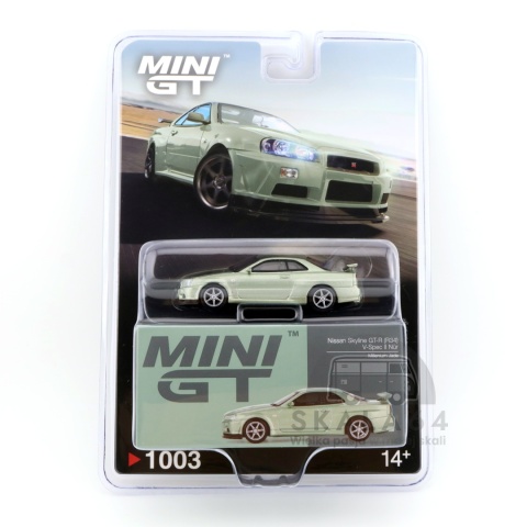Model samochodu Nissan Skyline GT-R R34 V-Spec II Nür Millenium Jade w skali 1:64