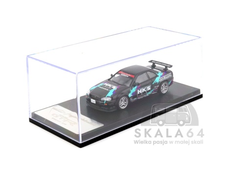 Model samochodu Nissan Skyline GT-R R34 V-Spec HKS w skali 1:64 - gablotka