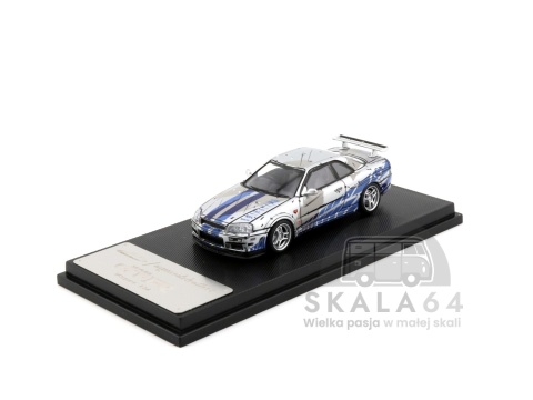 Model samochodu Nissan Skyline GT-R R34 V-Spec Silver Blue w skali 1:64 - przód