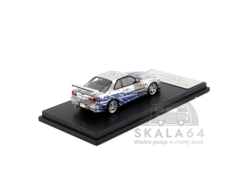 Model samochodu Nissan Skyline GT-R R34 V-Spec Silver Blue w skali 1:64 - tył