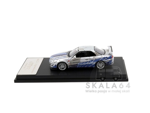 Model samochodu Nissan Skyline GT-R R34 V-Spec Silver Blue w skali 1:64 - bok