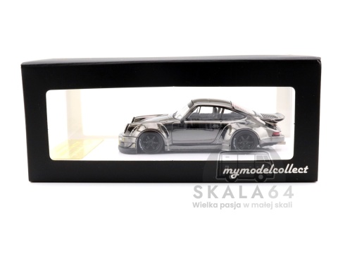 Model samochodu Porsche 911 RWB 930 RAUH-Welt Akira Nakai Chrome Gray w skali 1:64 - pudełko