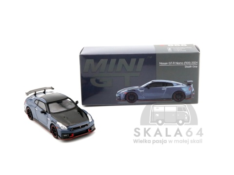Model samochodu Nissan GT-R Nismo R35 2024 Stealth Grey w skali 1:64 - pudełko