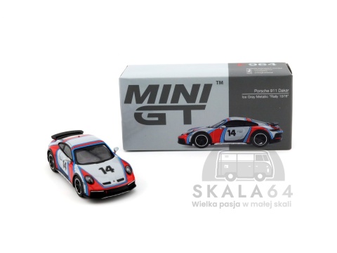 Model samochodu Porsche 911 Dakar Ice Gray Metallic Rally 1978 w skali 1:64 - pudełko