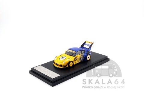 Model samochodu Porsche 911 RWB 993 Dragon Ball Z Vegeta Yellow Blue w skali 1:64 - przód