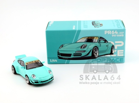 Model samochodu Porsche 911 RWB 997 Tiffany Blue w skali 1:64 - pudełko