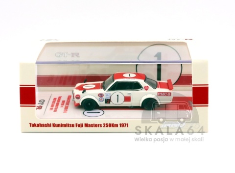 Model samochodu Nissan Skyline 2000 GT-R KPGC10 #1 Takahashi Kunimitsu Fuji Masters 250 km 1971 White / Red w skali 1:64 - pudełko