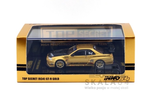 Model samochodu Nissan Skyline GT-R R34 Top Secret Gold w skali 1:64 - pudełko