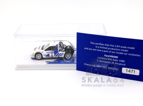 TARMAC WORKS Ford RS200 Lombard RAC Rally 1986 #2 Blomqvist Berglund 1:64