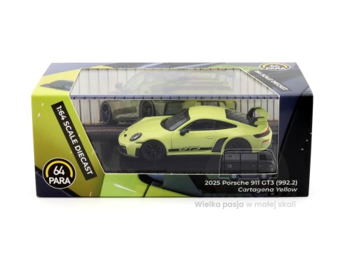 Model samochodu Porsche 911 GT3 992.2 Cartagena Yellow w skali 1:64 - pudełko