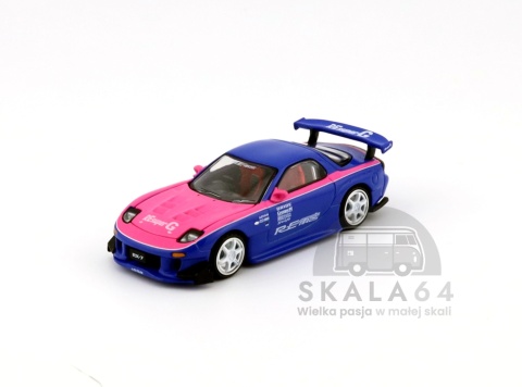 Model samochodu Mazda RX7 Re Amemiya Widebody Blue Pink w skali 1:64 - przód