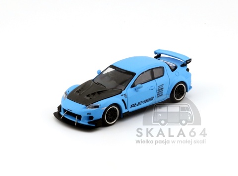 Model samochodu Mazda RX8 Re Amemiya Widebody Light Blue w skali 1:64 - przód