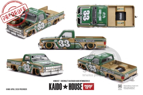 PREORDER MINI GT Kaido House KHMG267 1980 Chevrolet Silverado Kaido Intimidator V2, green/gold