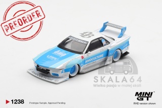 PREORDER MINI GT MGT01238-R 2026 Nissan Skyline GTR (R32) LBWK Kaido Works Amoculture, white/blue