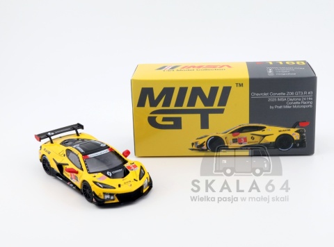 Model samochodu Chevrolet Corvette Z06 GT3.R #3 Pratt Miller Motorsports 2025 IMSA Daytona 24 Hrs Yellow Red w skali 1:64 - kartonik