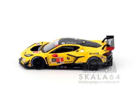 Model samochodu Chevrolet Corvette Z06 GT3.R #3 Pratt Miller Motorsports 2025 IMSA Daytona 24 Hrs Yellow Red w skali 1:64 - bok