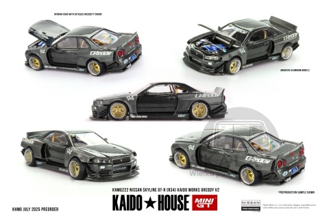 PREORDER Kaido House 222 Nissan Skyline GT-R R34 Kaido Works GReddy V2 Grey 1:64 KHMG222