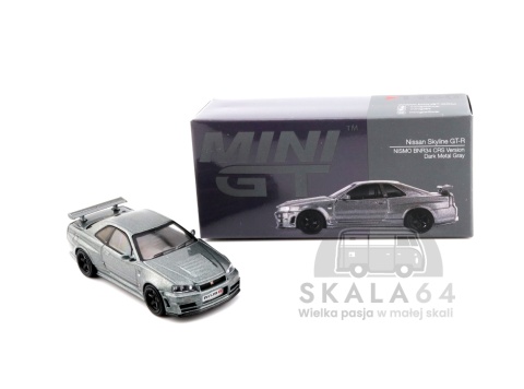 Model samochodu Nissan Skyline GT-R NISMO R34 CRS Version Dark Metal Gray w skali 1:64 - kartonik