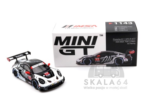 Model samochodu Porsche 911 GT3 R #77 Rexy 2025 IMSA Petit Le Mans AO Racing w skali 1:64 - kartonik