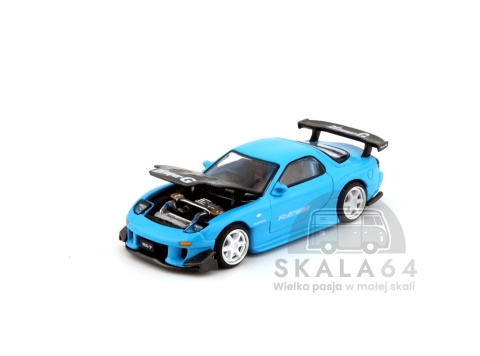 Model samochodu Mazda RX7 FD3S Re-Amemiya Blue Tokyo Auto Salon 2026 w skali 1:64 - maska