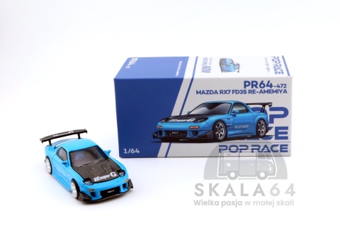 Model samochodu Mazda RX7 FD3S Re-Amemiya Blue Tokyo Auto Salon 2026 w skali 1:64 - pudełko
