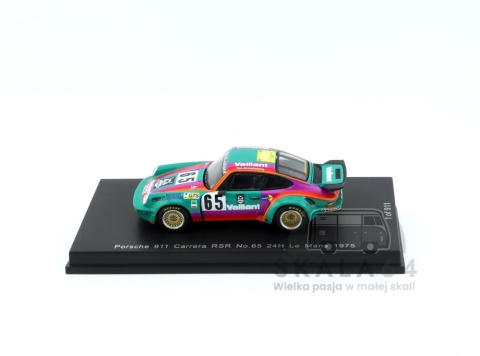 Model samochodu Porsche 911 Carrera RSR 3.0 #65 24H Le Mans 1975 B. Sprowls J. C. Bolanos A. Contreras w skali 1:64 - bok
