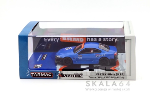 Model samochodu Vertex Nissan Silvia S15 Tarmac Works 10th Anniversary Black / Blue w skali 1:64 - opakowanie