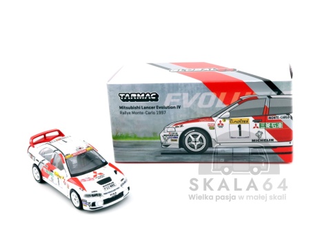 Model samochodu Mitsubishi Lancer Evolution IV Rallye Monte-Carlo 1997 Tommi Makinen Seppo Harjanne w skali 1:64 - pudełko