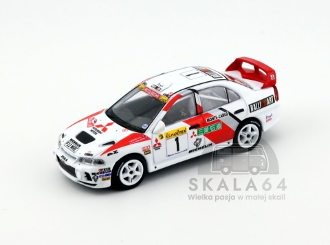 Model samochodu Mitsubishi Lancer Evolution IV Rallye Monte-Carlo 1997 Tommi Makinen Seppo Harjanne w skali 1:64 - przód