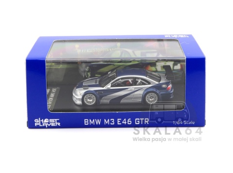 Model samochodu  PLAYER BMW M3 E46 GTR Need For Speed Most Wanted Edition Silver Blue w skali 1:64 - gablotka