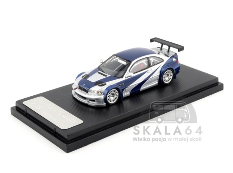 Model samochodu  PLAYER BMW M3 E46 GTR Need For Speed Most Wanted Edition Silver Blue w skali 1:64 - przód