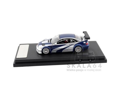 Model samochodu  PLAYER BMW M3 E46 GTR Need For Speed Most Wanted Edition Silver Blue w skali 1:64 - bok