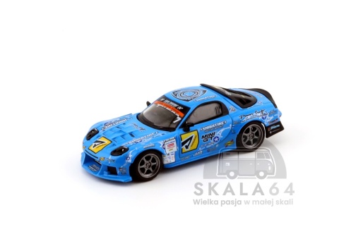 Model samochodu Mazda RX-7 RE-Amemiya 2025 D1GP Blue w skali 1:64 - przód