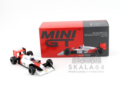 Model bolidu Formuły 1 McLaren MP4/4 #11 Alan Prost 1988 Japanese Grand Prix 2nd Place w skali 1:64 - kartonik
