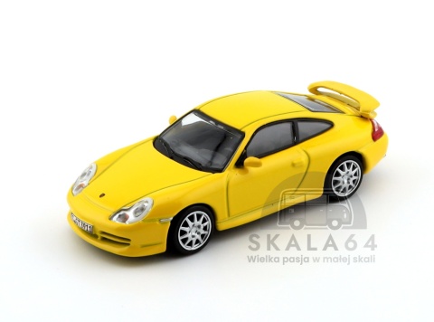 Model samochodu Porsche 911 GT3 type 996 Yellow w skali 1:64 - przód