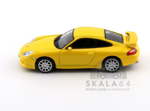Model samochodu Porsche 911 GT3 type 996 Yellow w skali 1:64 - bok