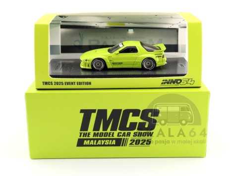 Model samochodu Mazda RX-7 FC3S Pandem Aero TMCS Malaysia 2025 Event Edition Green w skali 1:64 - opakowanie