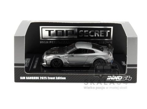 Model samochodu Nissan GT-R R35 Top Secret Grey IAM BANGKOK 2025 Event Edition w skali 1:64 - opakowanie