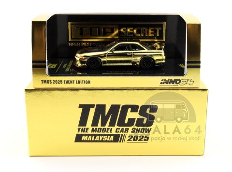 Model samochodu Nissan Skyline GT-R R32 Top Secret Chrome Gold TMCS2025 Event Edition w skali 1:64 - opakowanie