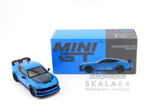 Model samochodu Ford Mustang Dark Horse Grabber Blue LHD w skali 1:64 - kartonik