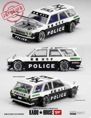 PREORDER MINI GT Kaido House 1969 Datsun 510 Datsun Kaido 510 Wagon Police KHMG321 1:64