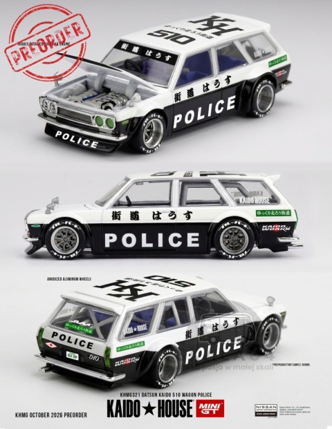 PREORDER MINI GT Kaido House 1969 Datsun 510 Datsun Kaido 510 Wagon Police KHMG321 1:64