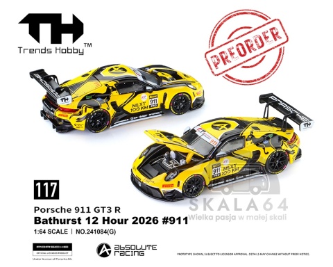 PREORDER TRENDS HOBBY Porsche 911 GT3 R Bathurst 12 Hour 2026 #911 Yellow/Black 1:64 TH241084G