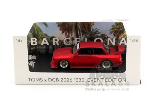 Model samochodu BMW 3 E30 DieCast Con Barcelona Limited Edition 899 PCS Matte Red w skali 1:64 - opakowanie